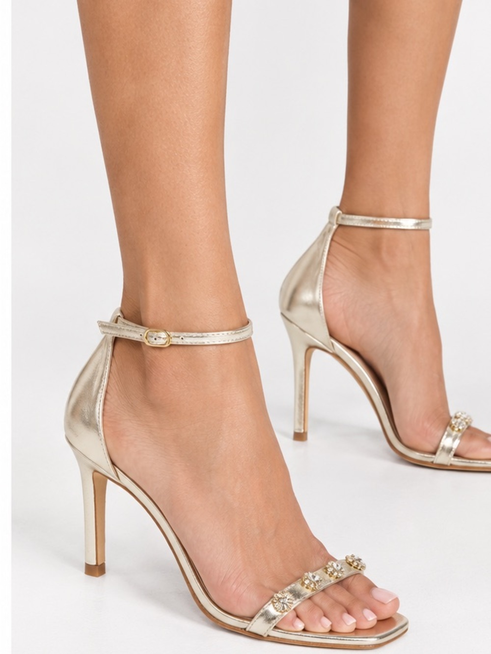 Stuart Weitzman light brush gold 75 Sandal with embellishments rhinestones NEW